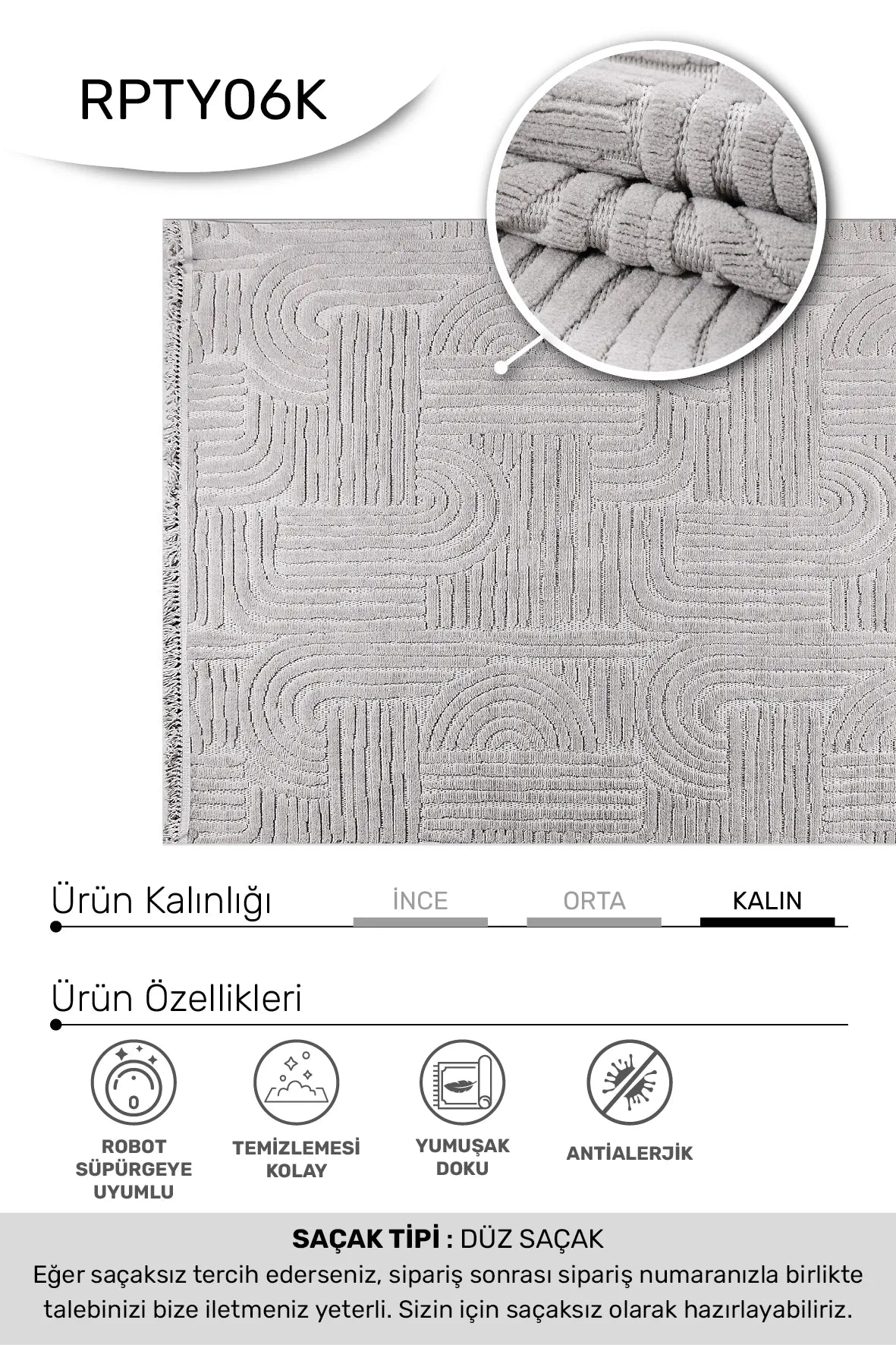 Gri TİGANA salon halısı - hav yüksekliği detayı