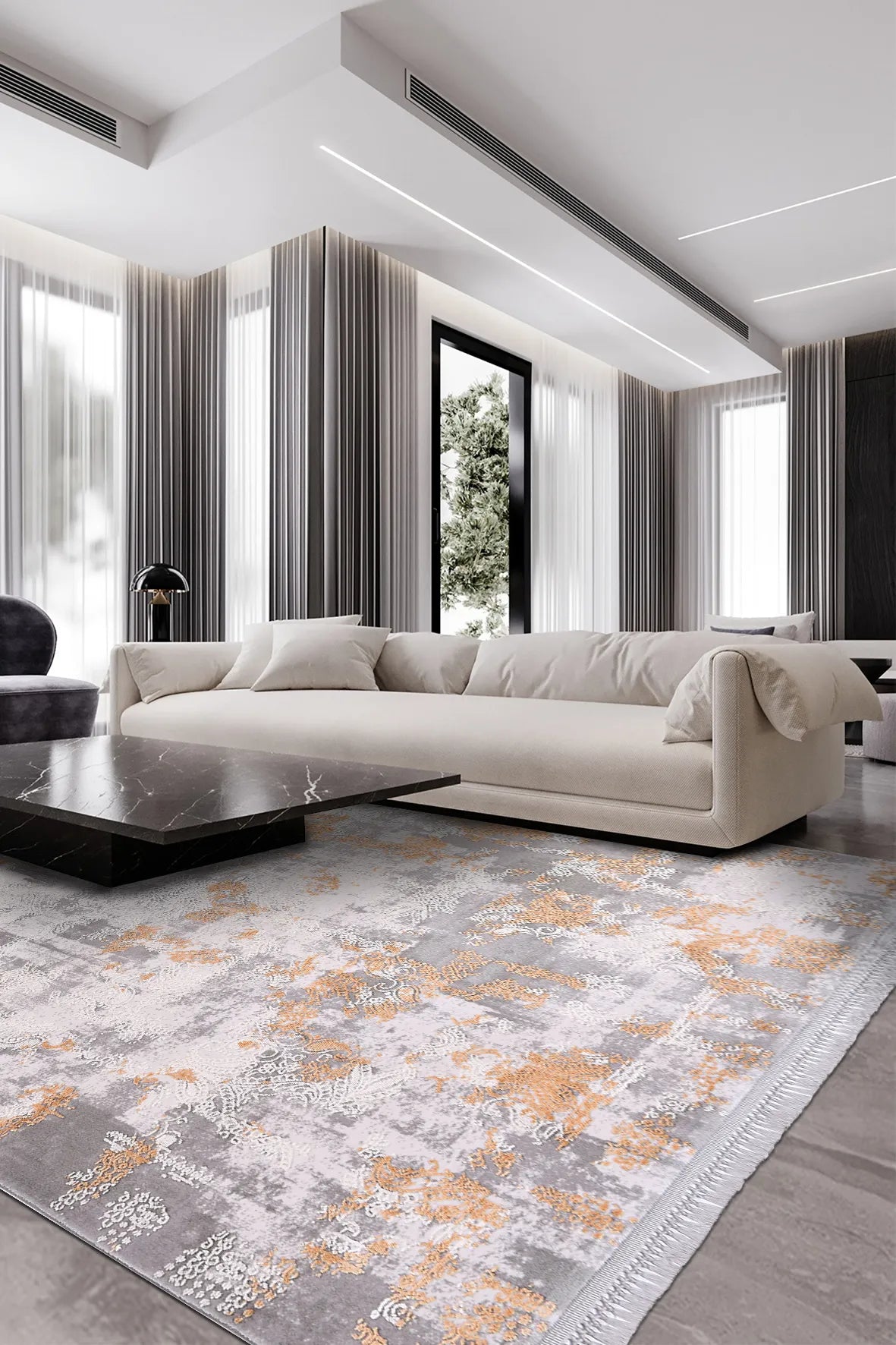 Gri beyaz turuncu BLOOM salon halısı