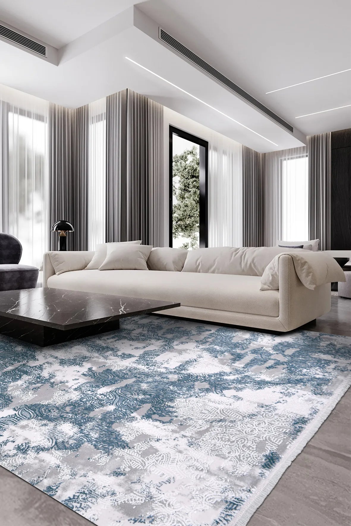 Mavi gri beyaz BLOOM salon halısı
