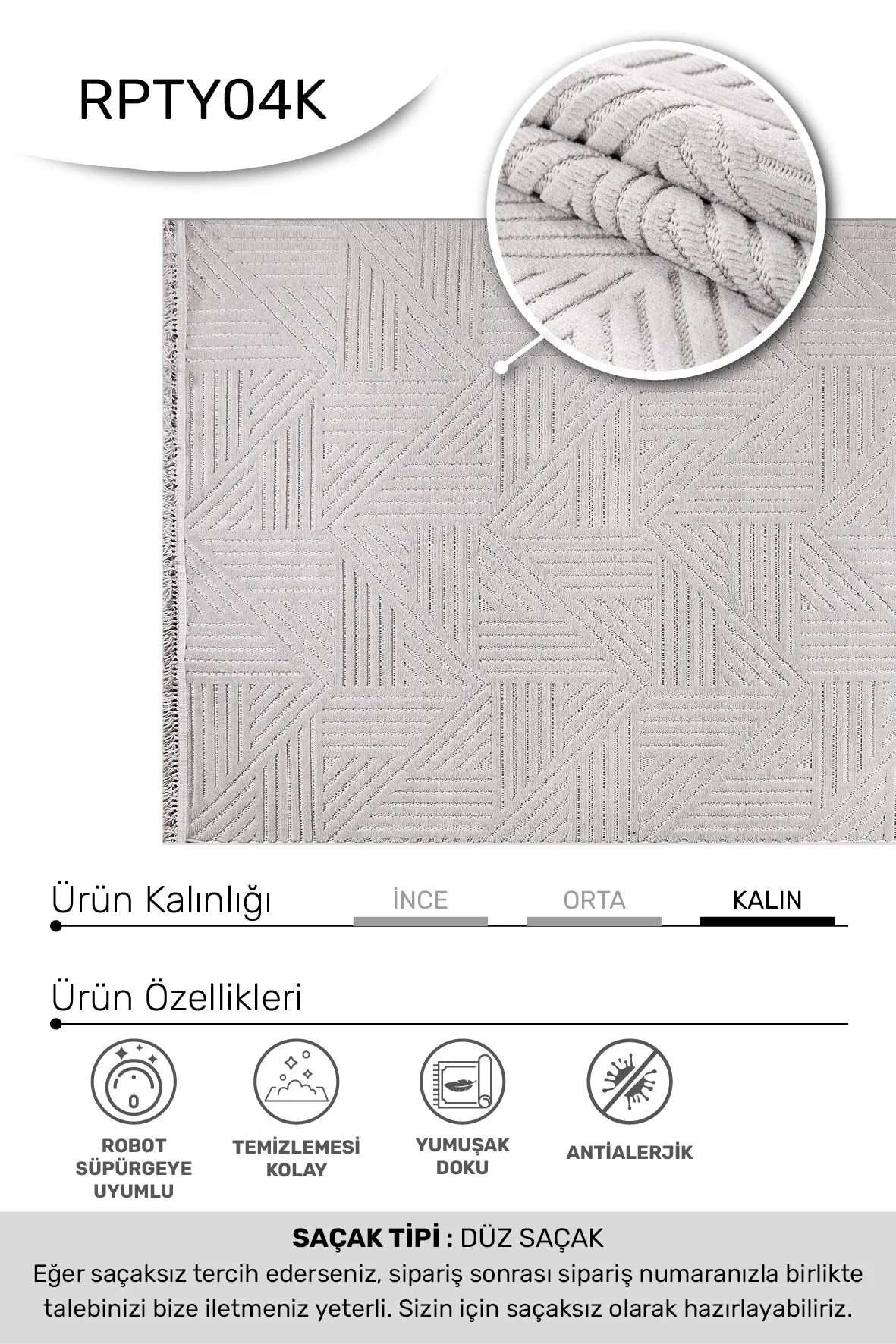 Gri TİGANA salon halısı - hav yüksekliği detayı