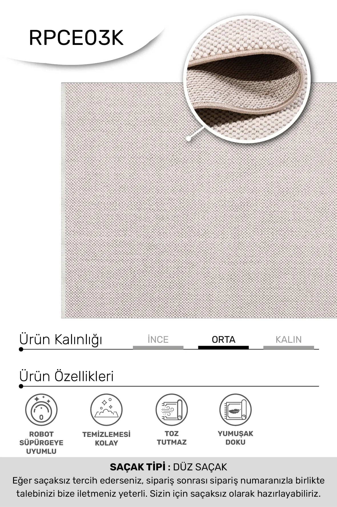 Beyaz vizon FUNDA oturma odası halısı - farklı açıdan görünüm