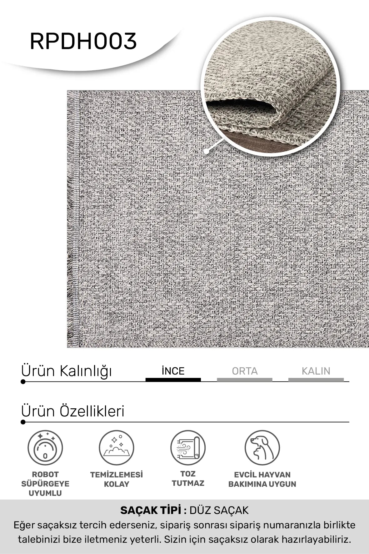 Gri DAFNE mutfak halısı - kenar ve saçak detayı