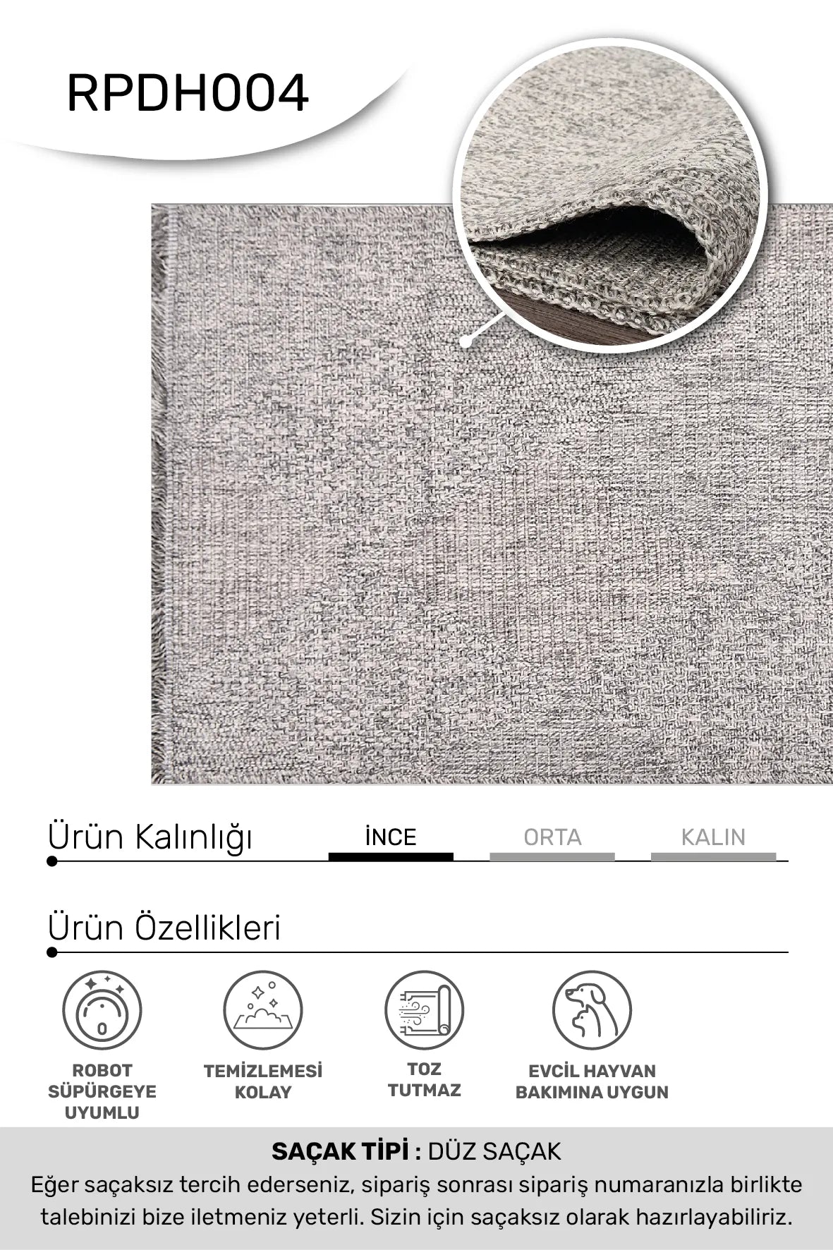 Gri DAFNE mutfak halısı - kenar ve saçak detayı