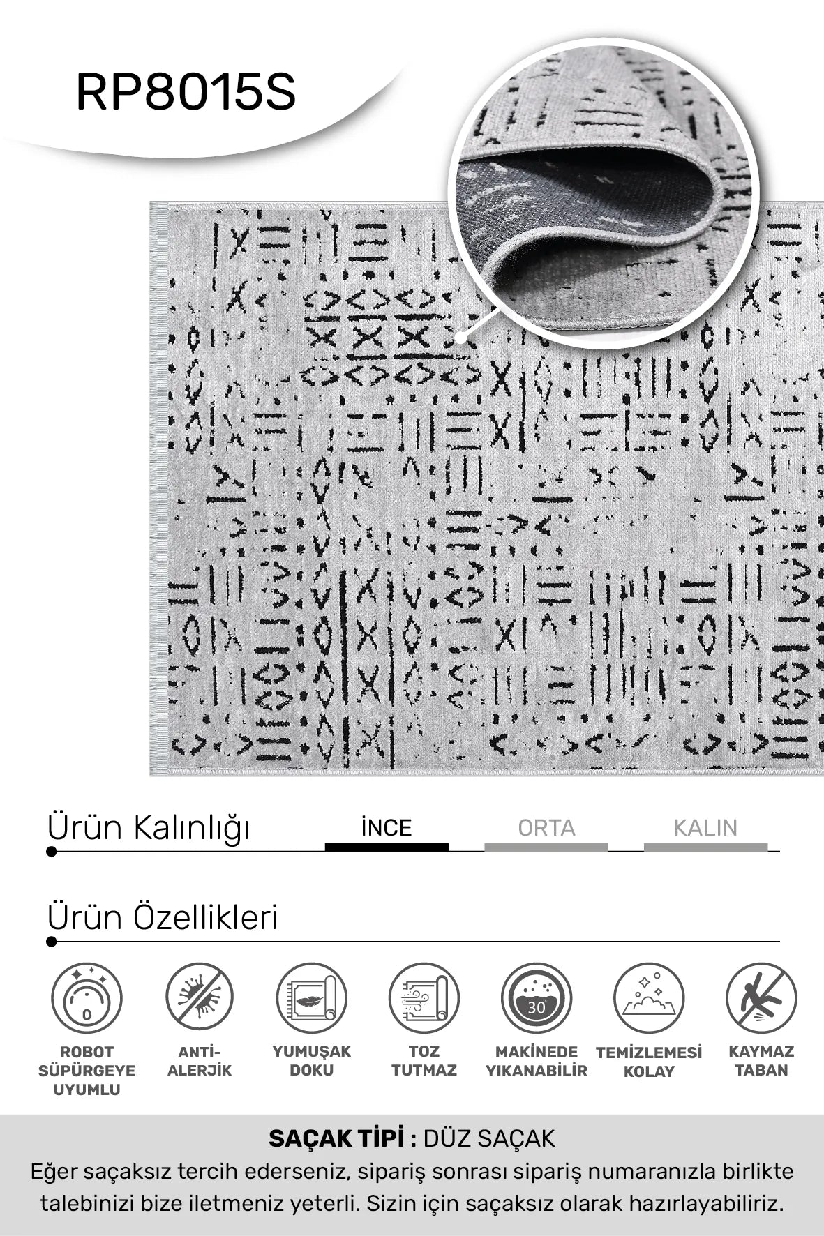 NEVA-Gri/Siyah - Özel Ölçü-Oturma Odası, Koridor Halısı-KaymazTaban-Robot Süpürgeye Uyumlu-Kolay Temizlenebilir-Uygun Fiyat