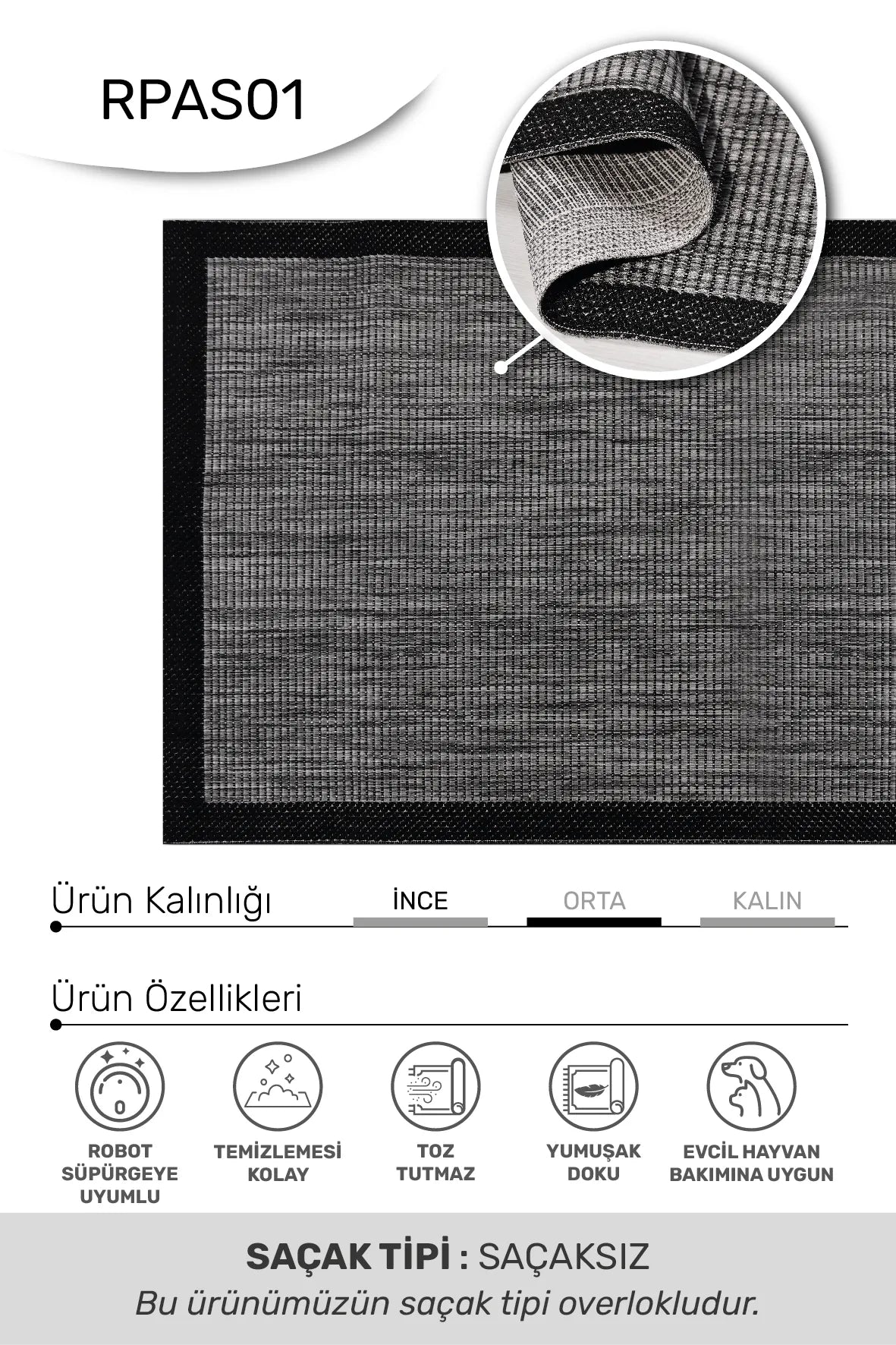 ADORA -Gri / Siyah -Mutfak,Oturma Odası,Salon- Robot Süpürgeye Uyumlu -Kolay Temizlenebilir