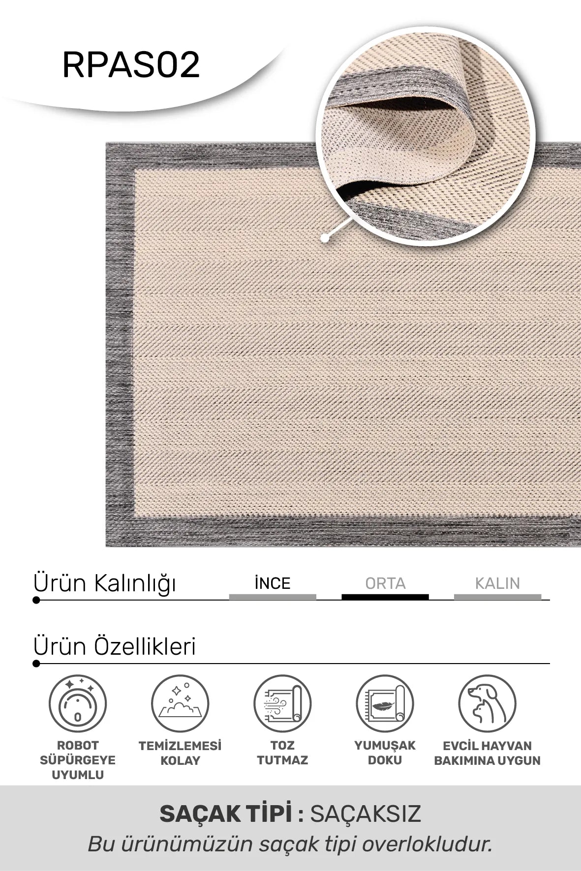 ADORA -Bej / Gri -Mutfak,Oturma Odası,Salon- Robot Süpürgeye Uyumlu -Kolay Temizlenebilir
