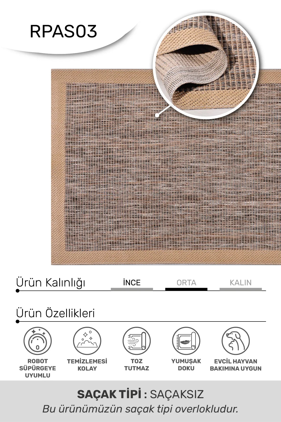 ADORA -Kahve / Vizon -Mutfak,Oturma Odası,Salon- Robot Süpürgeye Uyumlu -Kolay Temizlenebilir