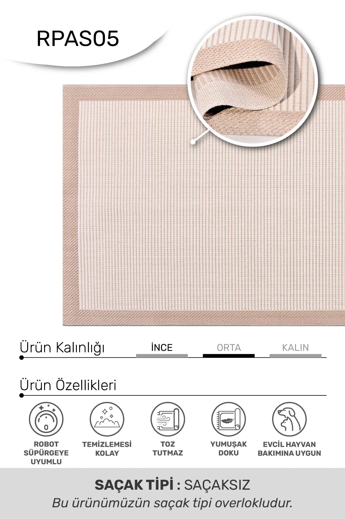 ADORA -Ekru / Bej -Mutfak,Oturma Odası,Salon- Robot Süpürgeye Uyumlu -Kolay Temizlenebilir