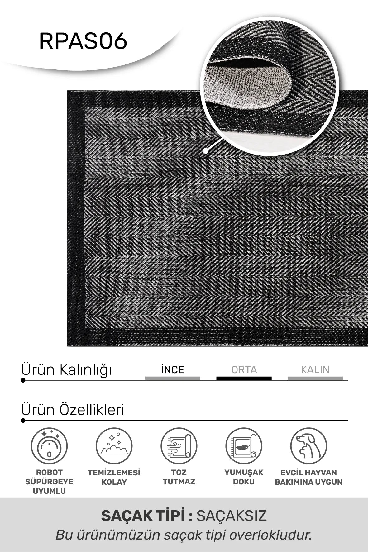 ADORA -Gri / Siyah -Mutfak,Oturma Odası,Salon- Robot Süpürgeye Uyumlu -Kolay Temizlenebilir