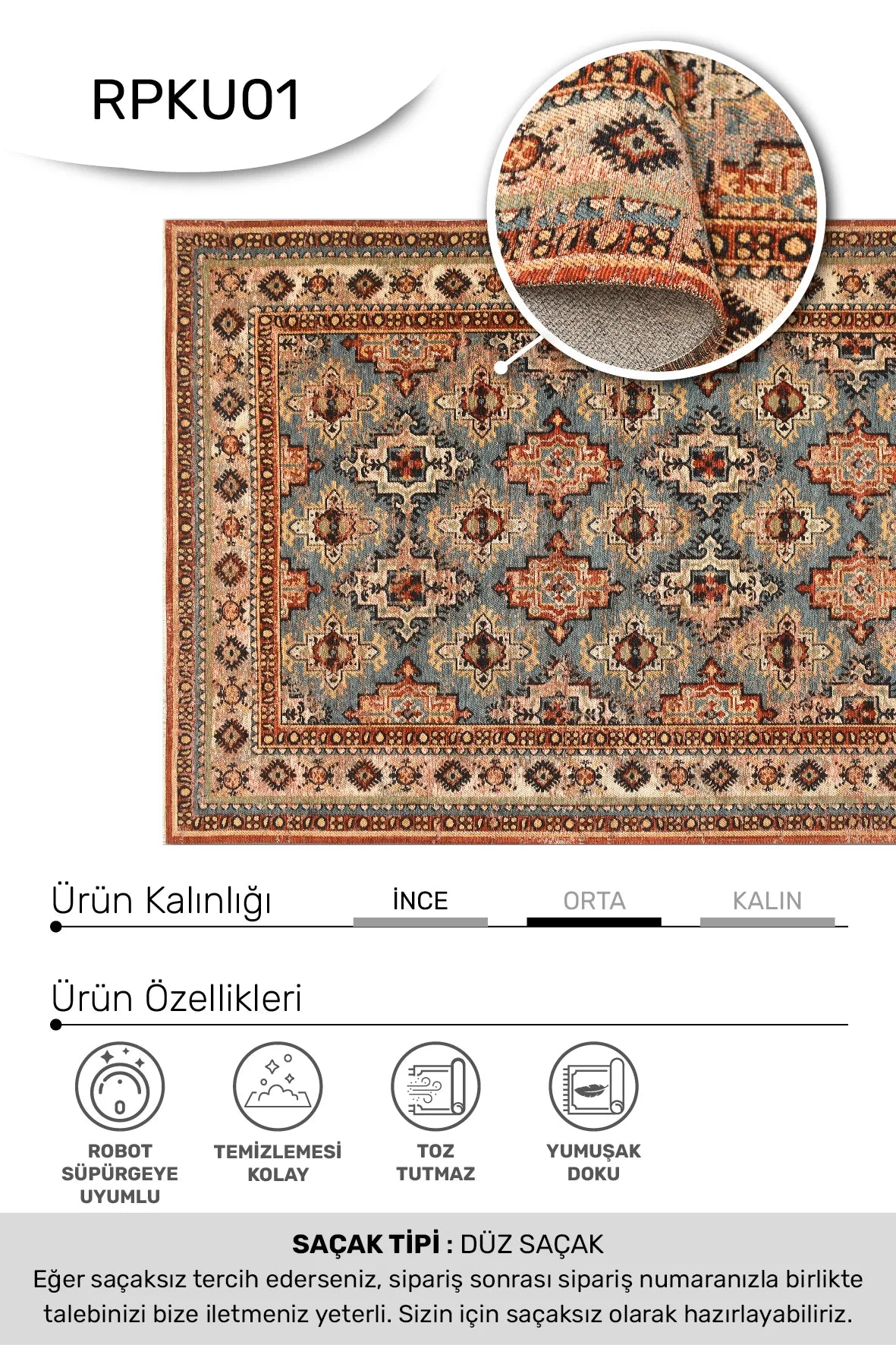 KORU -Mavi / Kiremit-Oturma Odası,Salon- Robot Süpürgeye Uyumlu -Kolay Temizlenebilir
