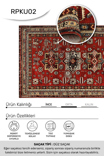 KORU -Kırmızı -Oturma Odası,Salon- Robot Süpürgeye Uyumlu -Kolay Temizlenebilir
