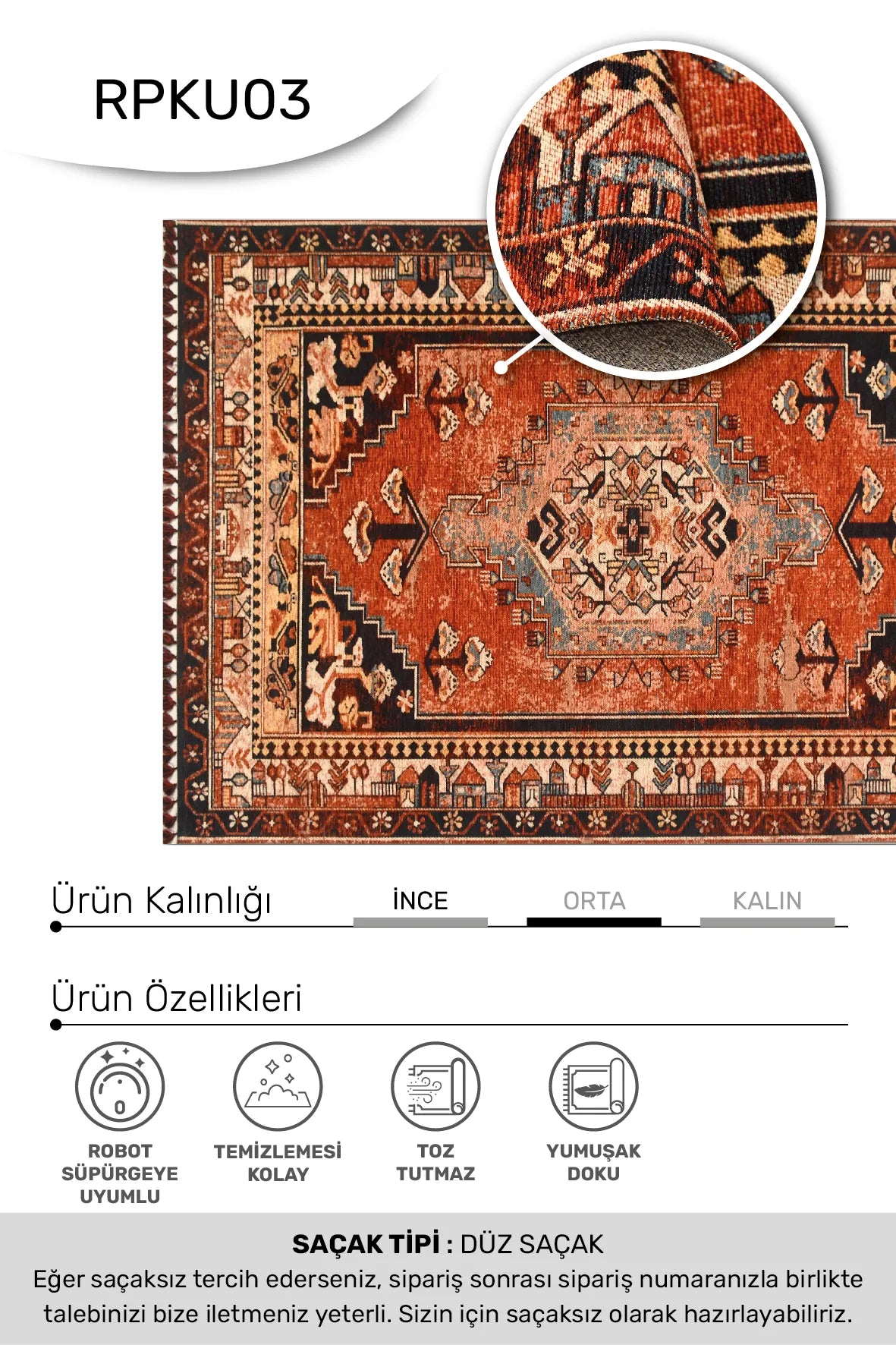 KORU - Kiremit-Oturma Odası,Salon- Robot Süpürgeye Uyumlu -Kolay Temizlenebilir