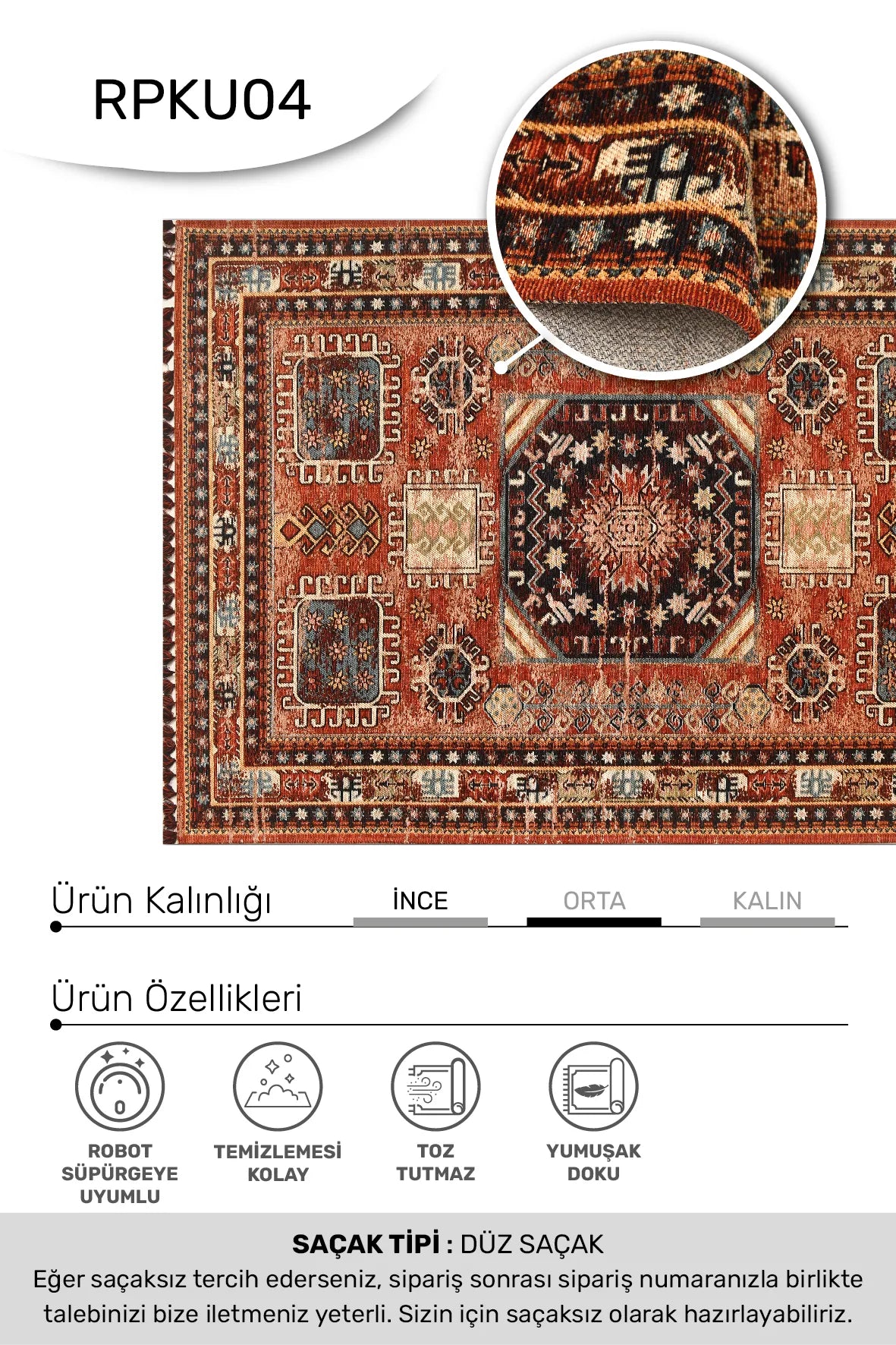 KORU -Kiremit-Oturma Odası,Salon- Robot Süpürgeye Uyumlu -Kolay Temizlenebilir