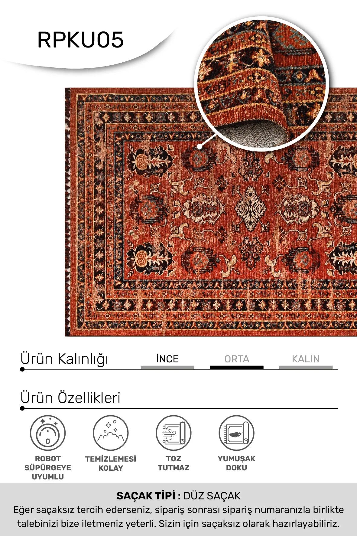 KORU -Kiremit -Oturma Odası,Salon- Robot Süpürgeye Uyumlu -Kolay Temizlenebilir