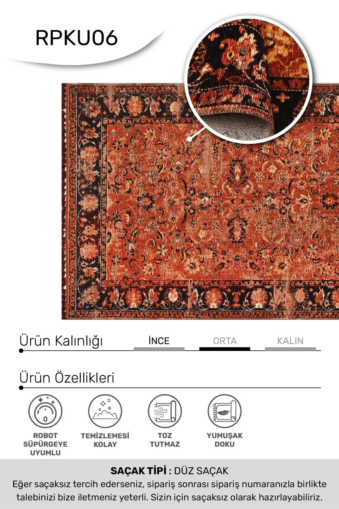 KORU -Kiremit / Siyah -Oturma Odası,Salon- Robot Süpürgeye Uyumlu -Kolay Temizlenebilir