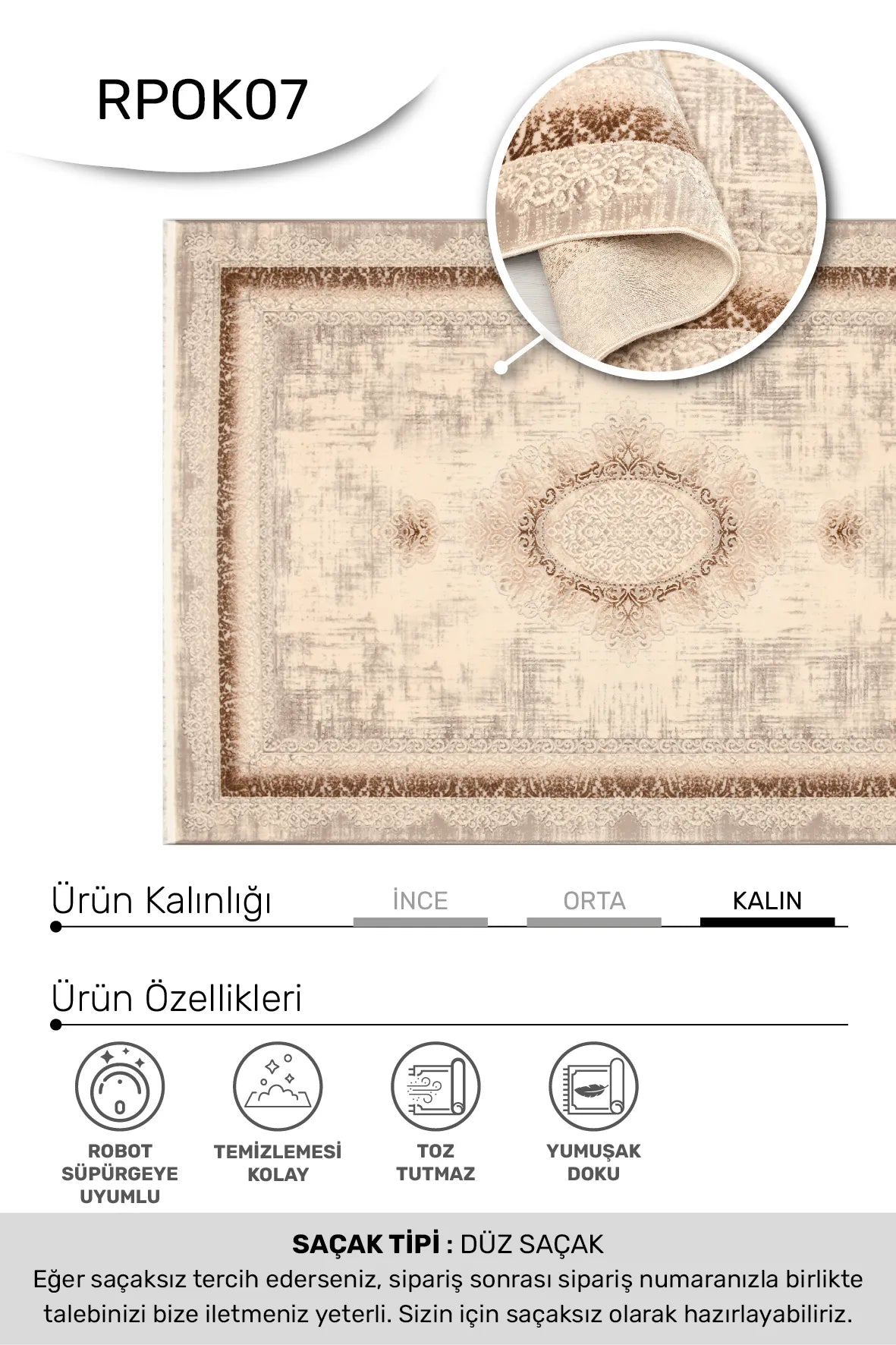 ÖZGÜ -Vizon / Kahve -Oturma Odası,Salon- Robot Süpürgeye Uyumlu -Kolay Temizlenebilir