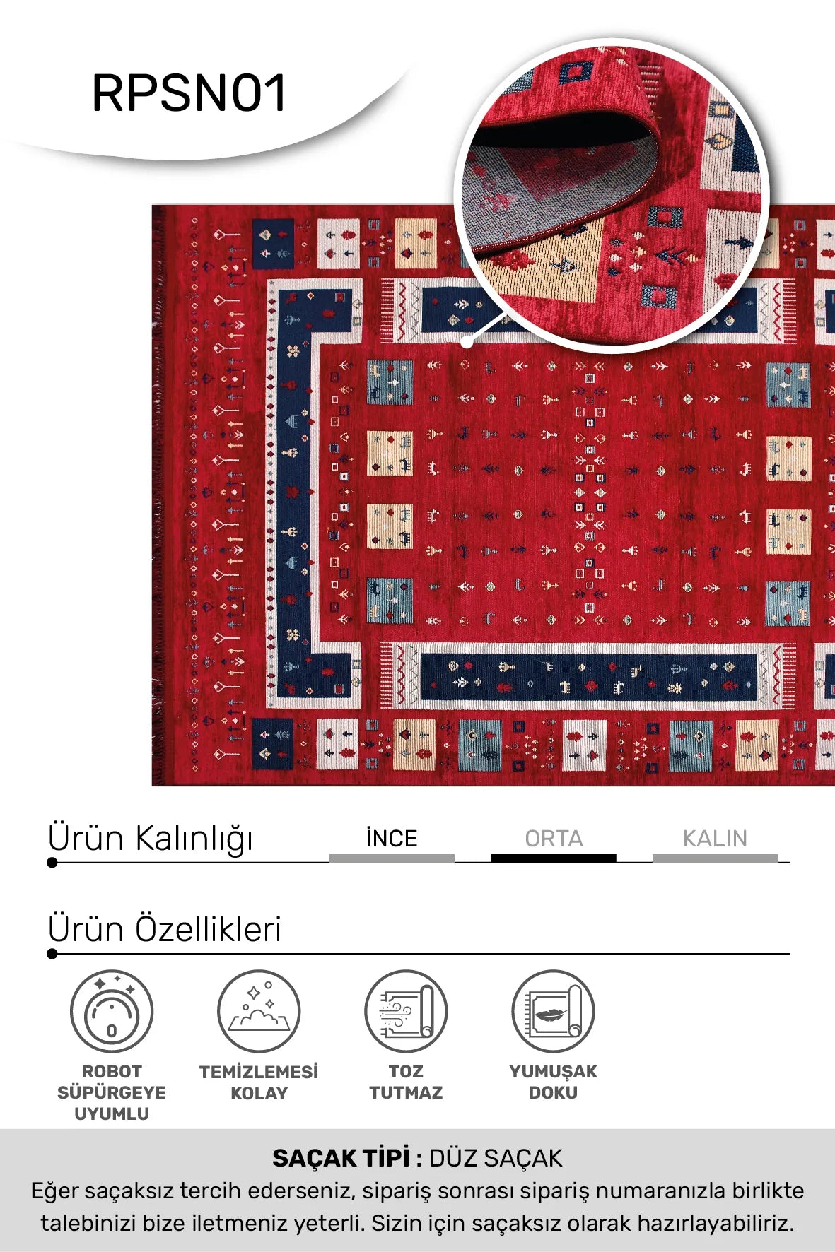 SİNA -Kırmızı / Lacivert -Oturma Odası,Salon- Robot Süpürgeye Uyumlu -Kolay Temizlenebilir