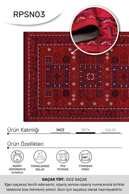 SİNA -Kırmızı -Oturma Odası,Salon- Robot Süpürgeye Uyumlu -Kolay Temizlenebilir